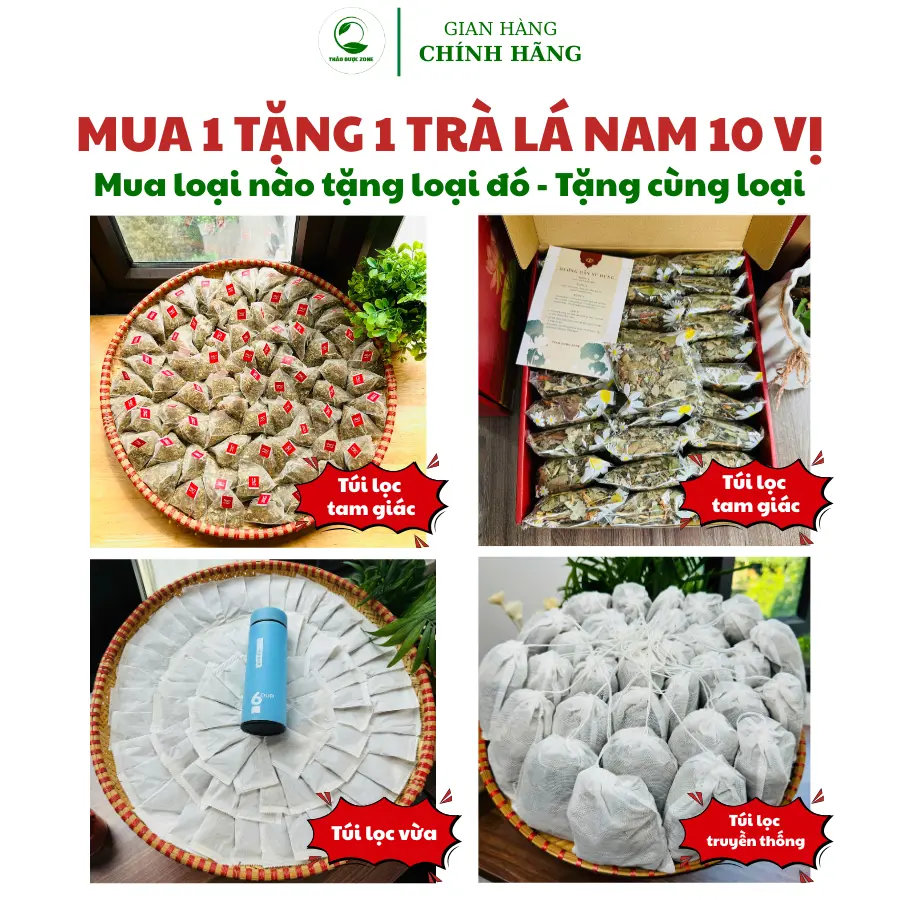 [Mua 1 tặng 1] Trà Lá Nam 10 vị Thảo Dược Zone, Mua 1 set 30 gói tặng 1 set 30 gói, tặng thêm bình ở mã 60 gói túi xay, thành phần Lá sen, xạ đen, lạc tiên, giảo cổ lam, hoa nhài, cỏ ngọt...Nước Trà Chè Tea Chua Nước Trà Chè tral anam vi trà  lá