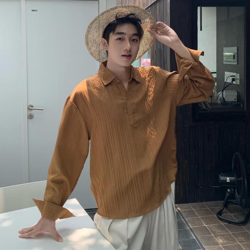 Áo Sơ Mi Đũi Gân Dài Tay Cổ Đức Kết Hợp Cổ V Cách Điệu , Vải Đũi Gân Thanh Lịch Thoáng Mát Dễ Phối A56