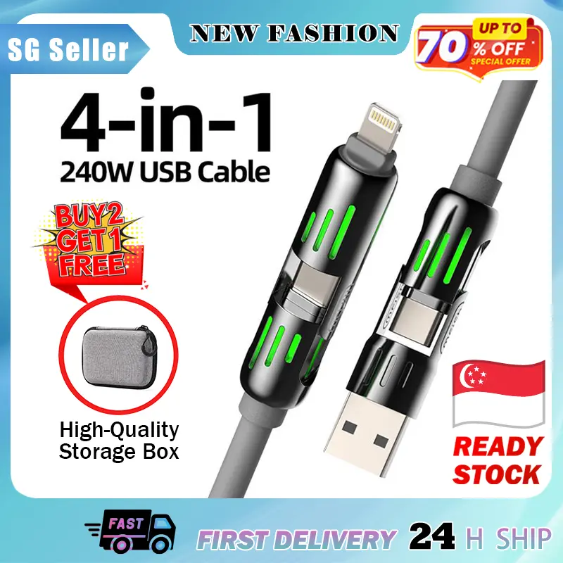 NovaMart SG【New Product Promo】【Buy 2 Get 1 Free Case】 4-in-1 Multi USB Fast Charging Cable – 240W Max Power, USB A to C Adapter for iPhone 16/15/14/13, Samsung Galaxy, iPad, MacBook, Tablets & More – High-Speed Charger Cord Universal Compatibility