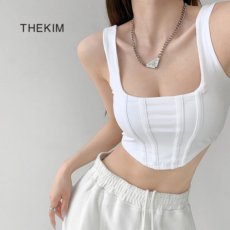  THEKIM Áo croptop hai dây kiểu corset vạt bầu  áo thun 2 dây croptop cổ vuông Nữ Cotton Trắng A145 