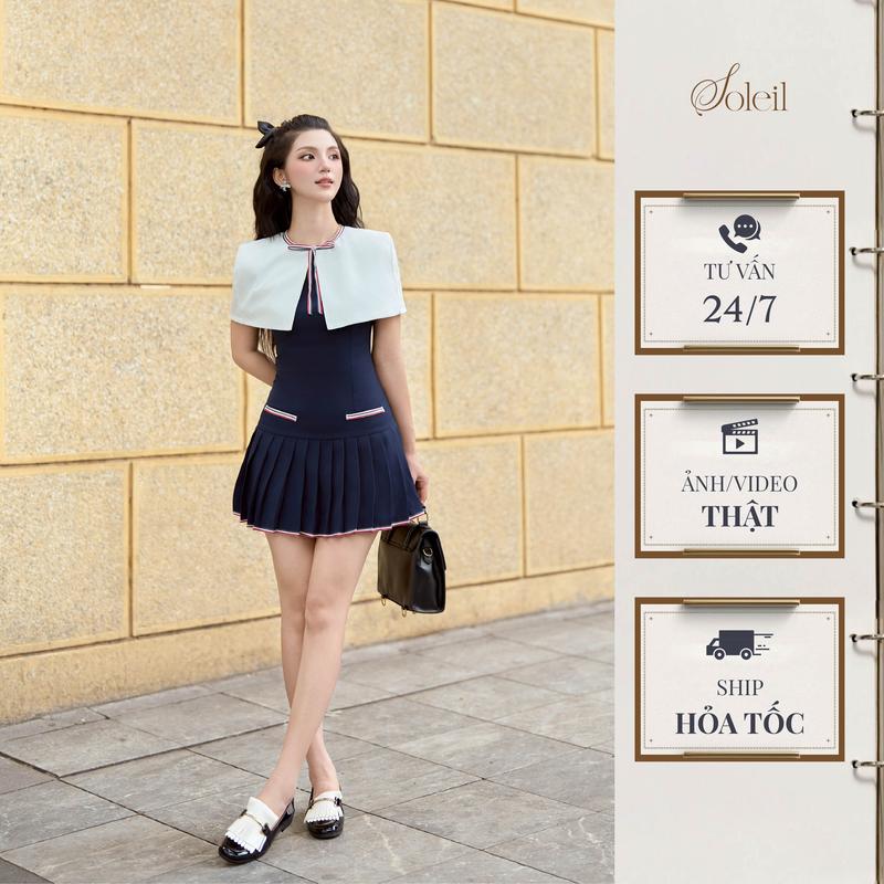  SOLEIL - Váy Đầm Nữ Ara Dress Thiết Kế Nữ Dáng Xòe Ngắn Phối Áo Choàng Trắng Đính Nơ Chiết Eo Xếp Ly Màu Xanh Navy Viền Trắng Đỏ Tiểu Thư Sang Chảnh Đi Chơi Đi Tiệc Women VD26 