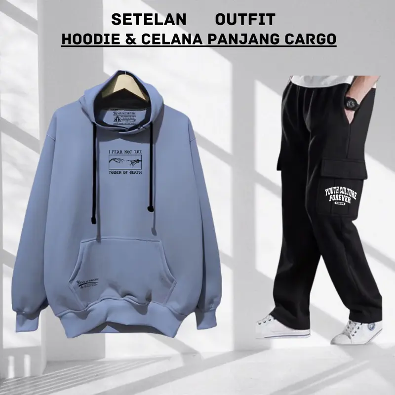 Stelan Outfit Cowok Cewek Oneset Hoodie Celana Panjang Pria Wanita Distro Setelan Sweater Celana Cargo Keren Bahan Tebal Flece Brend Midnight Company Size M L XL XXL Hitam setelan  cargo setelan starboy pria one  set Casual 5