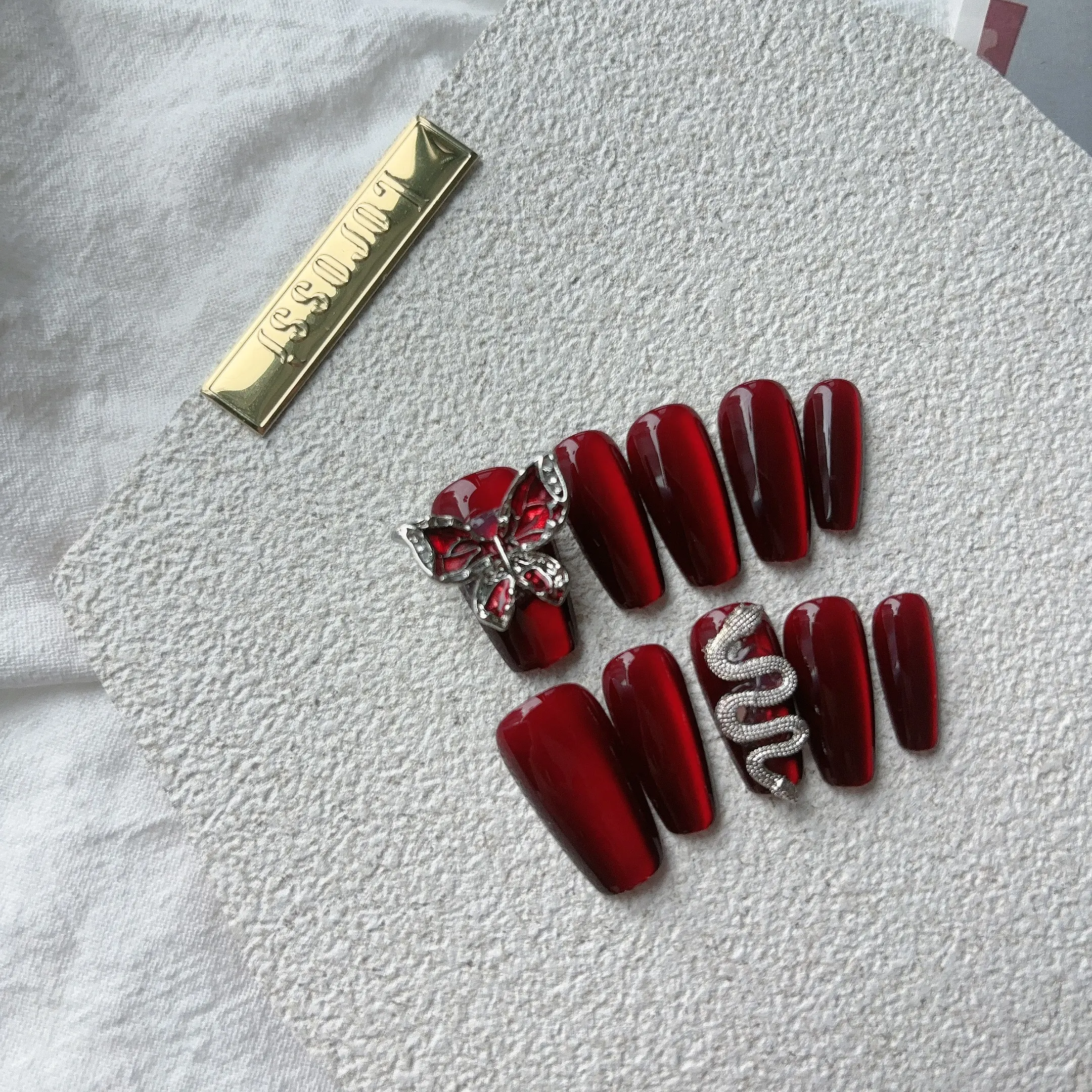 B05 DarkRed 3D Butterfly&Snake Handmade Press on Nail