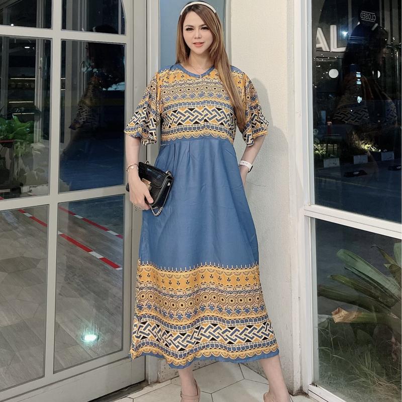 Dress Wanita dengan Kain Rayon Lembut dan Nyaman untuk Motif Songket Gelombang Cantik Casual Daster Panjang 8