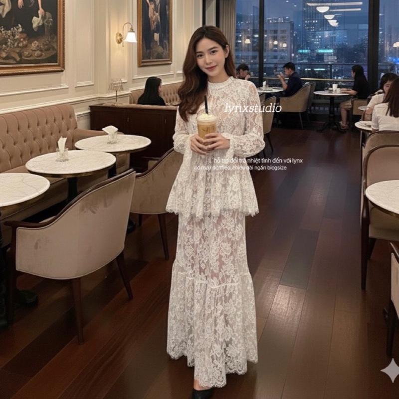  Set áo và chân váy ren có 2 lớp sang chảnh tiểu thư được thiết kế cổ tròn dài tay Lynx Ren 15 
