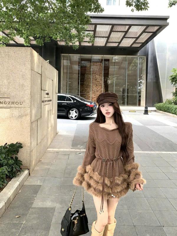  Áo len viền lông cách điệu dáng váy hàng quảng châu cao cấp 