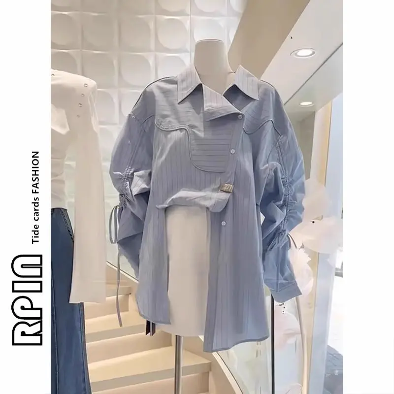 Áo Sơ Mi Kẻ Sọc Có Dây Rút Bất Đối Xứng Đều Cho Nữ, Thời Trang Nữ, Áo Sơ Mi Thường Ngày Dáng Rộng Ngoại Cỡ, Áo Phong Cách Phương Tây 2