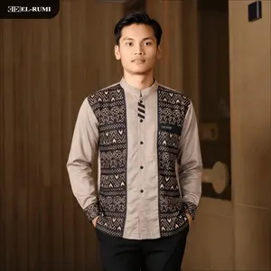 Baju Koko Muslim Pria Elrumi Lengan Panjang Motif Jarilist Kombinasi Batik Warna Coklat