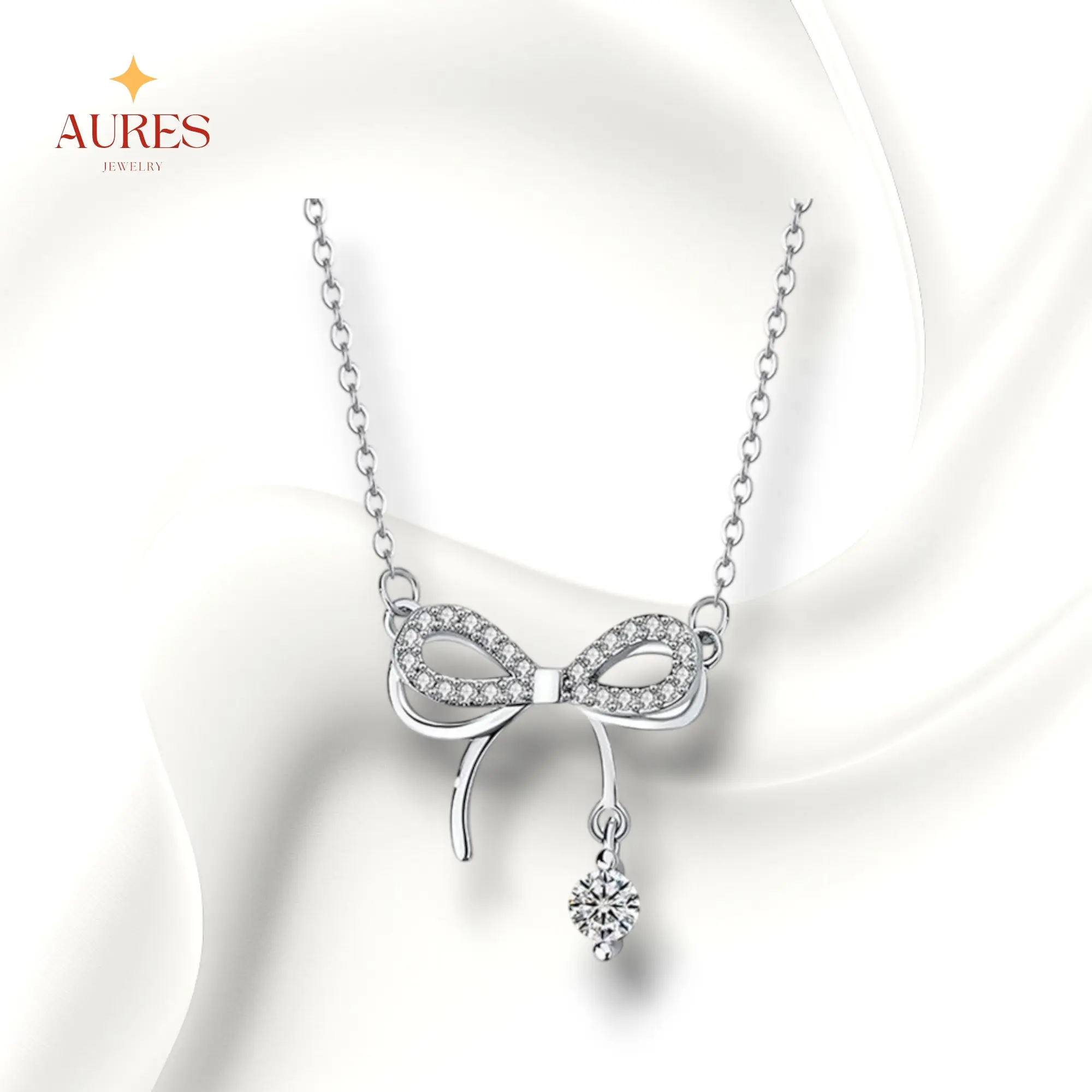 [AURES JEWELRY] Vitta Necklace - 925 Sterling Silver Fine Jewelry Double Bowknot Pave Zircon Pendant For Women