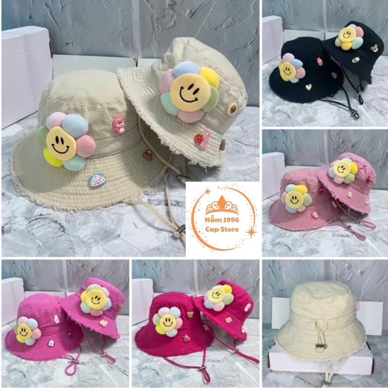 Bé gái 2-4 tuổi tới Người Lớn Mũ vành tròn Tua Rua bucket phối charm Hoa Mặt Cười xinh xắn - mũ đôi thời trang bé gái 11kg-18kg