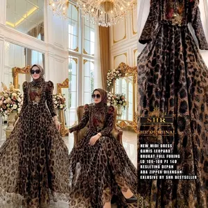 SHR Gamis Motif Leopard Printing Borkat Rempel Muslim Dress Wanita Lebaran Maxi Mewah Nyaman Bahan Berkualitas