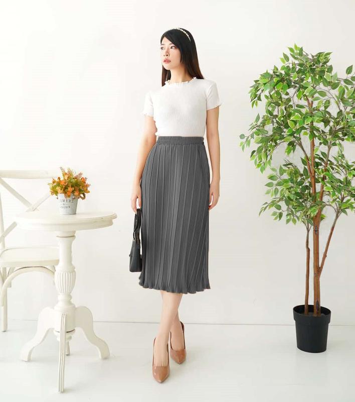 NHM Rok Midi Plisket Lebar Shiny Hyget Premium Dewasa Karet Nyaman Wanita Bawahan Pendek Santai 1