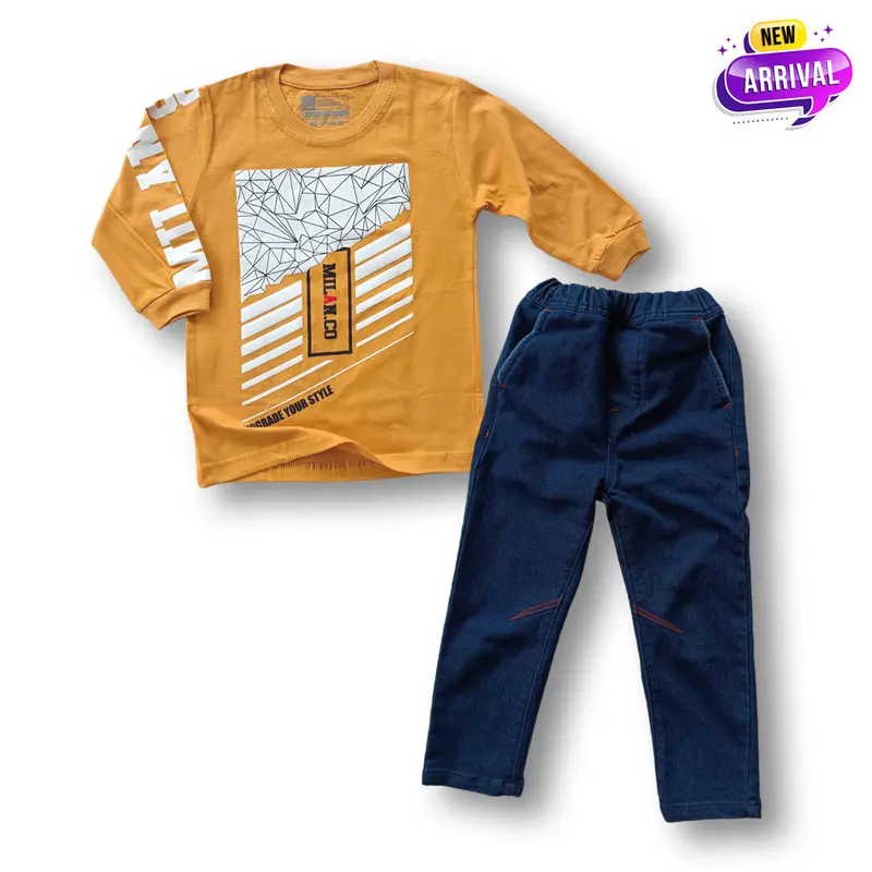 Setelan Kaos Anak Laki Laki Lengan Panjang Celana Jeans Panjang Terbaru Usia 3-12 Tahun 1