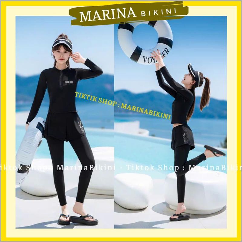  Đồ bơi nữ quần dài 2 lớp áo tay dài có dây kéo màu đen kín đáo bikini rời mảnh ninja đi biển chống nắng 