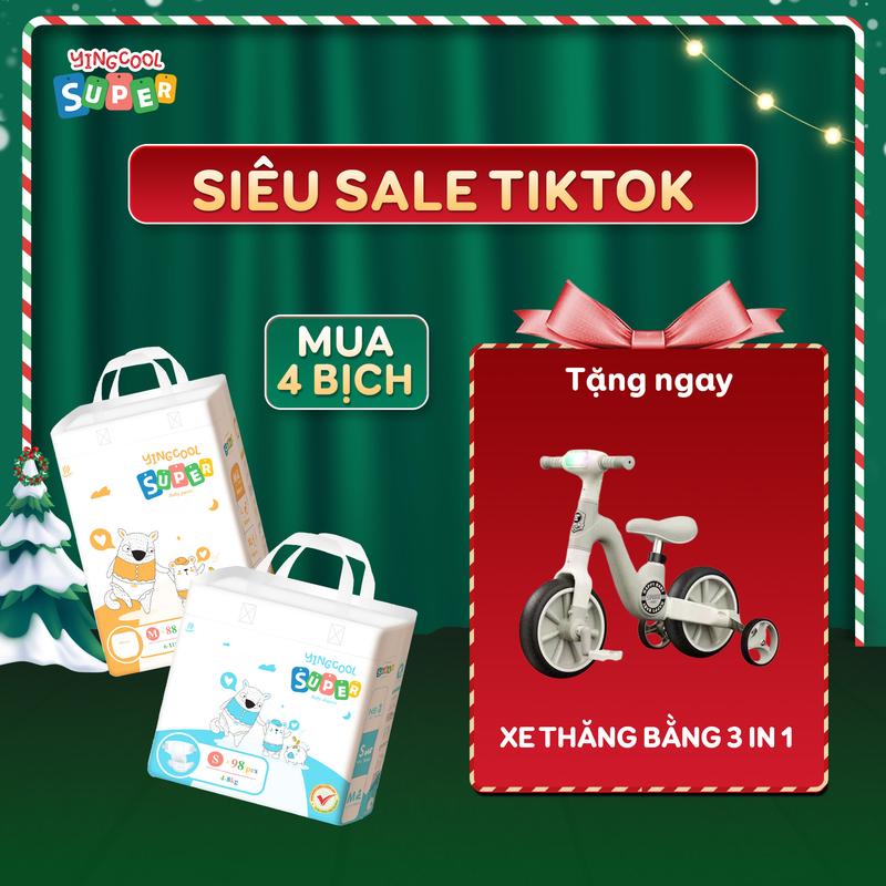 Tặng Xe Đạp Thăng Bằng 3 In 1 - Combo 4b Bỉm YINGCOOL SUPER Size NB104 S98 MD92 MQ88 L80 XL76 XXL72 XXXL72