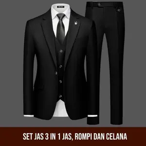 Setelan Jas 3 in 1 Rompi dan Celana / Stelan Jas Blazer Formal Kerja Pria Slimfit / Baju Kantoran Formal Pria Dewasa Hitam Casual