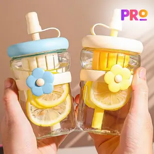 [COD] PAVELLA Gelas Kaca Tumbler Botol Minum Bunga Aesthetic Tumbler Gelas Kaca Sedotan dan Tutup Gelas Vintage Saringan Lemon Timun Teh