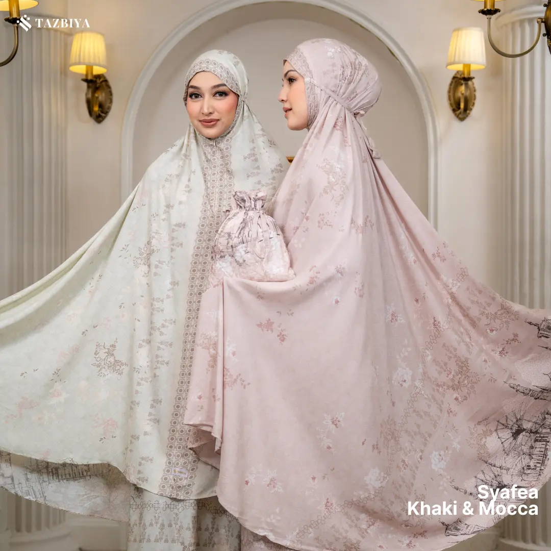 [Best Seller] Tazbiya Syafea – Mukena Rayon Premium Dewasa Motif Sketch Madinah, Adem, Elegant, 2in1 + Sajadah