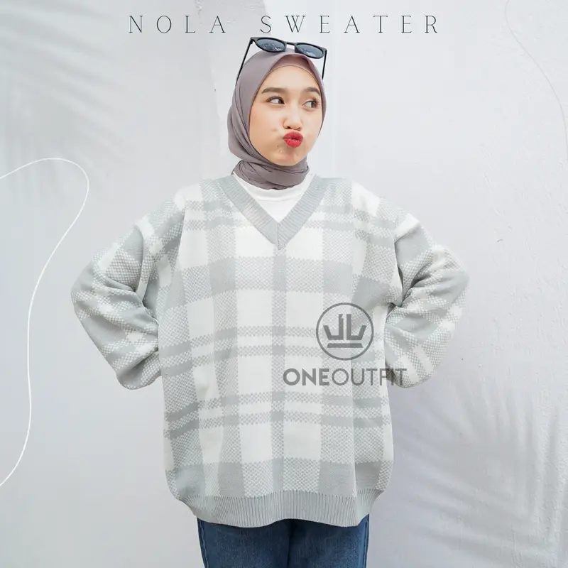 Oneoutfit Sweater Rajut Wanita Premium Terbaru Motif Kotak Nola Oversize Bahan Knit Halus Lembut 3