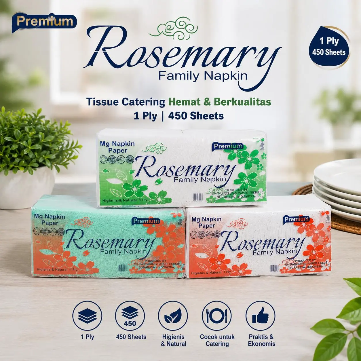 [Jeda Mart] Tissue Napkin Catering Rosemary 1-Ply 450 Sheets [Bundle 3 Pack]