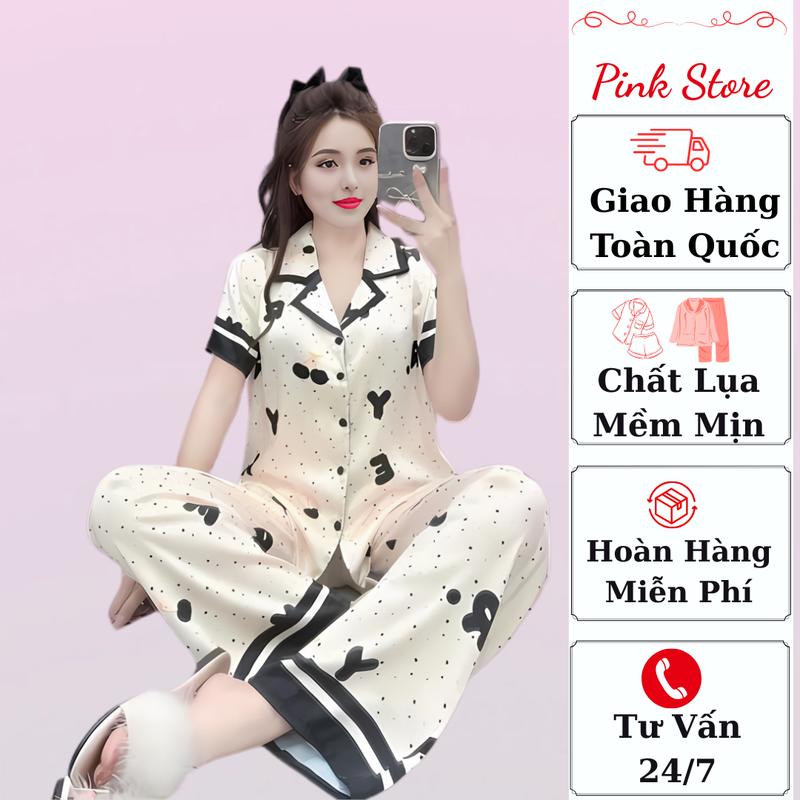 PIJAMA Đồ Bộ Nữ Mặc Nhà Cộc Tay Quần Dài Chất Lụa Mềm Mại Thướt Tha In Họa Tiết 3D Full Size