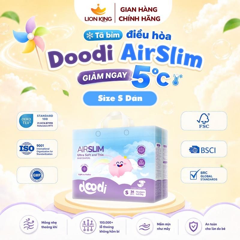 Tã bỉm điều hòa Doodi AirSlim bỉm dán siêu mỏng 1.58mm size S 0 đến 6.5kg 34 miếng