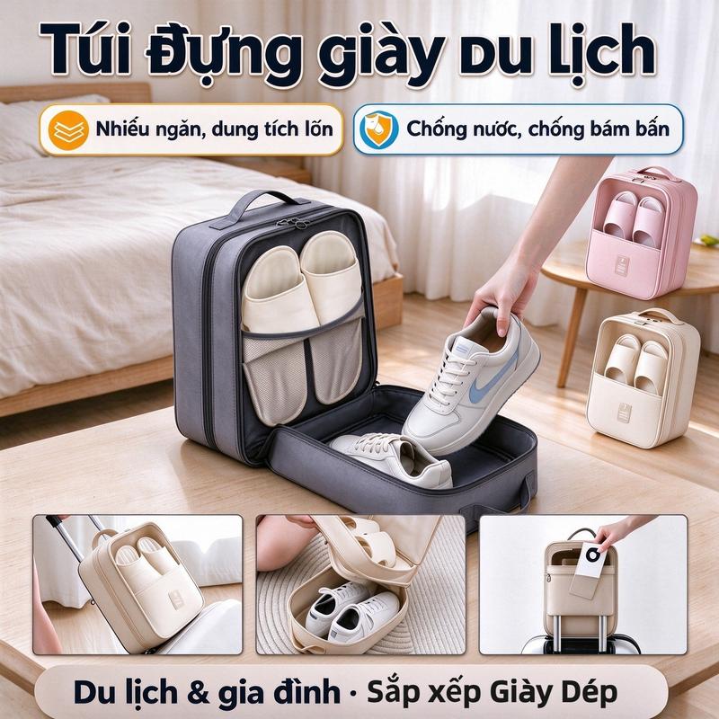 Túi đựng giày du lịch chống thấm nước ba ngăn có thể gấp gọn – Thiết kế nhiều ngăn, dễ dàng treo lên vali