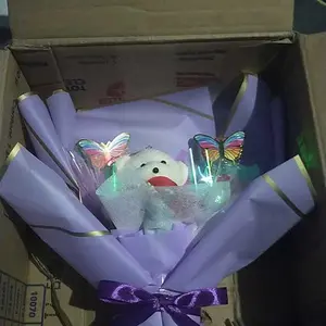 Buket Boneka Mini dan kupu kupu led plus bunga / Buket Bunga Mawar Artificial untuk Ulang tahun cewek cowok / Buket  Wisuda / Anniversary  / Bouqet Pakai Lampu