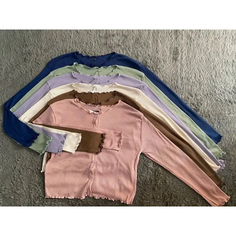 Bailey Cardigan Cotton Rib Crop Angel lengan panjang, Cardigan Wanita CropTop, Cardigan crop top