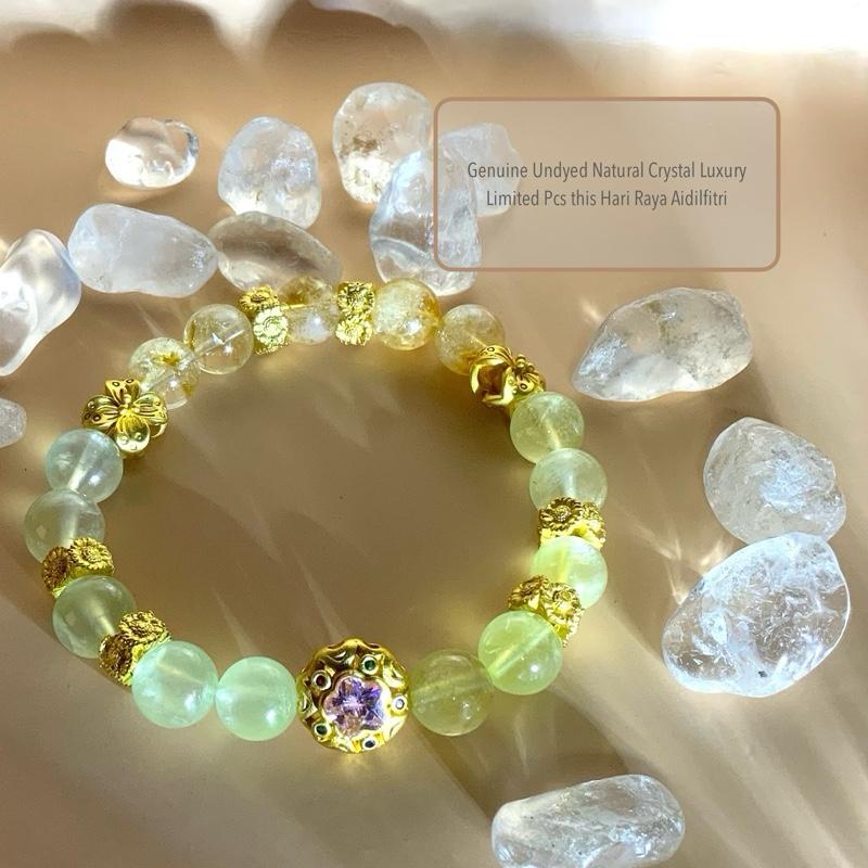 Fuguifang x Flora Seri Authentic Undyed Natural Crystal Bracelet Gemstone | Prehnite, Golden Prehnite, Citrine, 18K Gold Plated | Local SG | Hari Raya Accessories 2