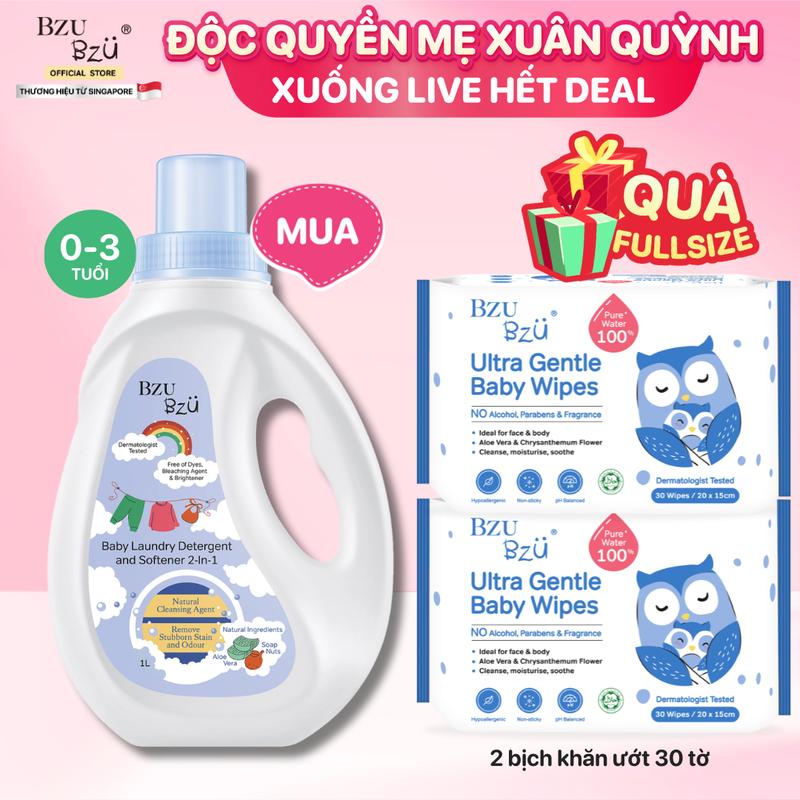 [KOL] Chai Nước Giặt Xả Vải Em Bé BZU BZU Baby Laundry Detergent and Softener 2 in 1 Dịu Nhẹ Cho Da Bé 1L Cho Bé