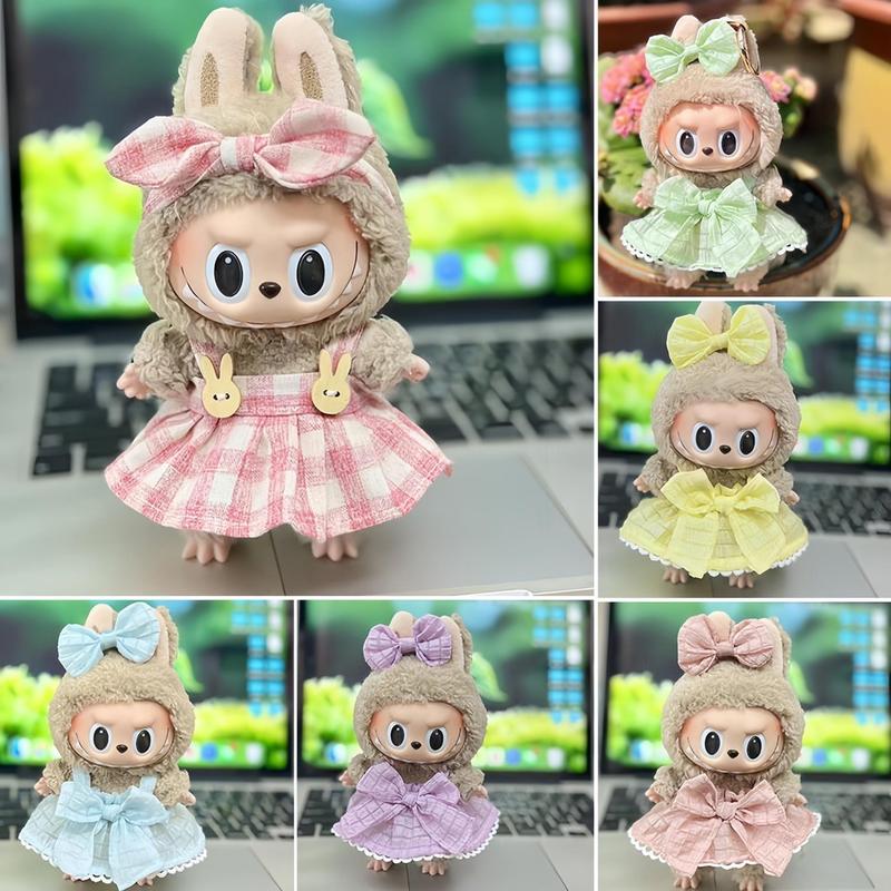17CM POP - MART LABUBU MACARON Labubu BONEKA BAJUNYA pakaian boneka Gaun Kotak-kotak labubu Muda baju boneka khusus boneka seragam tk kostum rajut tweed pakaian boneka 3