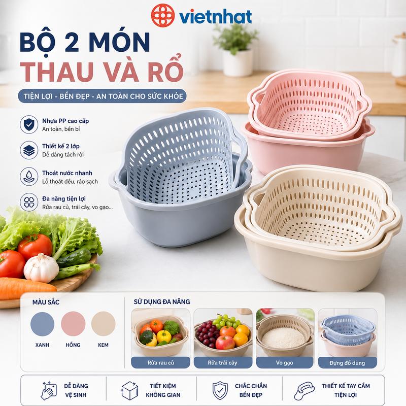 Bộ 2 món thau rổ nhựa vuông VIỆT NHẬT - Bộ Thau Rổ Nhựa Rửa rau củ quả, trộn…