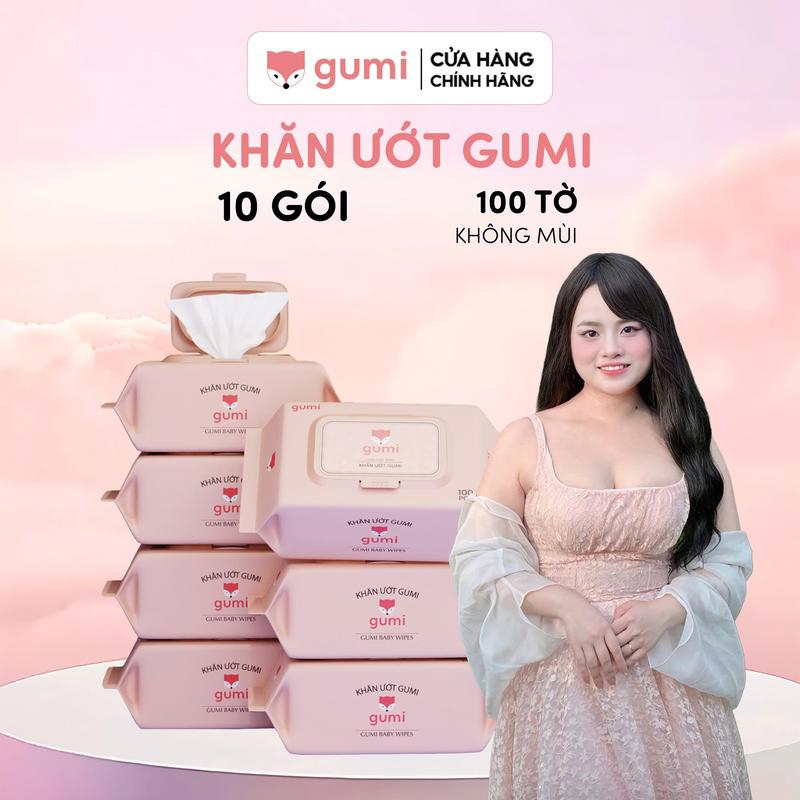 (Mall)(gd.bedaudau) Thùng 10 gói khăn uớt 100 TỜ Gumi không cồn không parabens cao cấp dành cho em bé