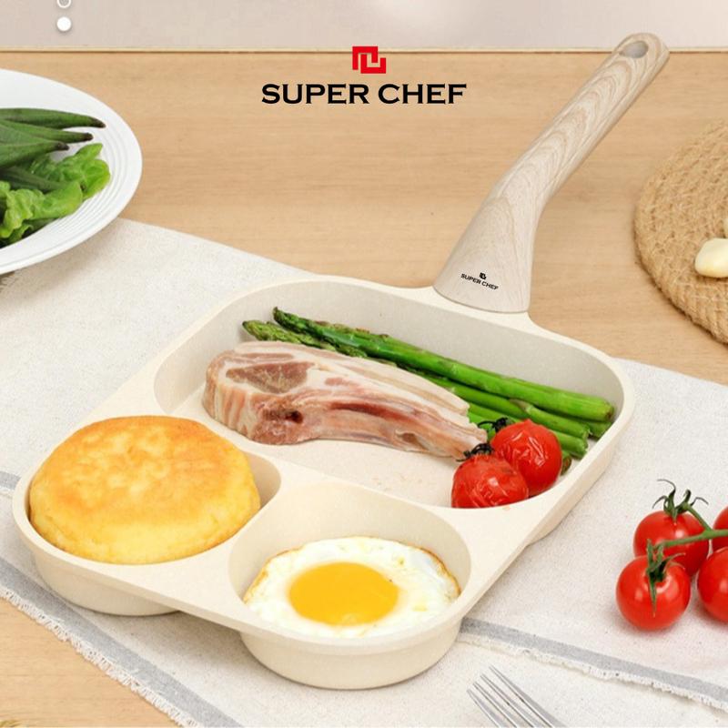 Chảo 3 ngăn 4 ngăn chiên trứng làm bánh chống dính Super Chef dùng được bếp từ