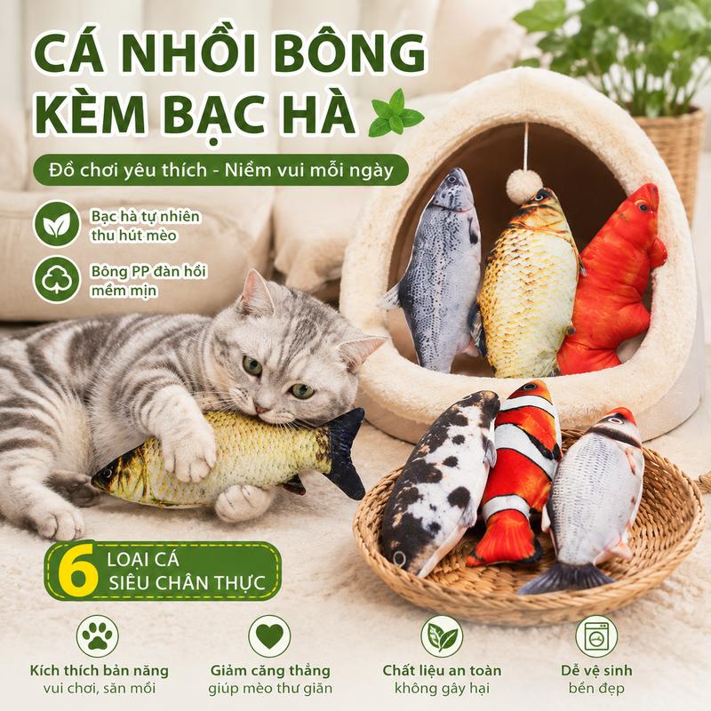 Đồ chơi cá bông cho mèo chứa catnip bên trong giúp mài răng tháo rời giặt được chống cắn xé mềm mại dày dặn vải nhung ngắn chất lượng cao