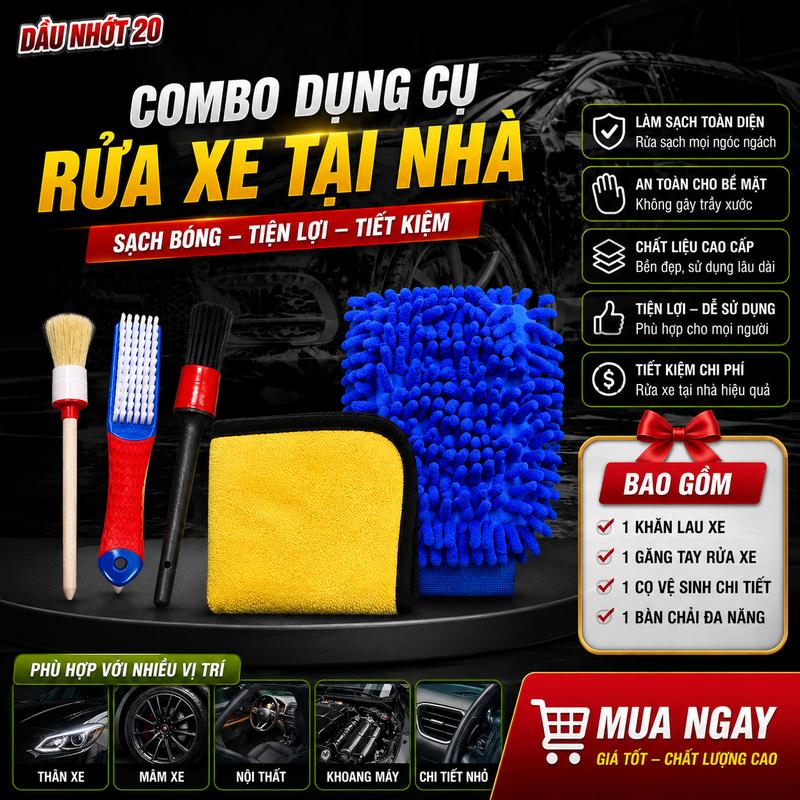 Combo Dụng Cụ Rửa Xe Tại Nhà Giá Rẻ Khăn Lau Xe Găng Tay Rửa Xe Cọ Vệ Sinh Chi Tiết Và Bàn Chải Đa Năng
