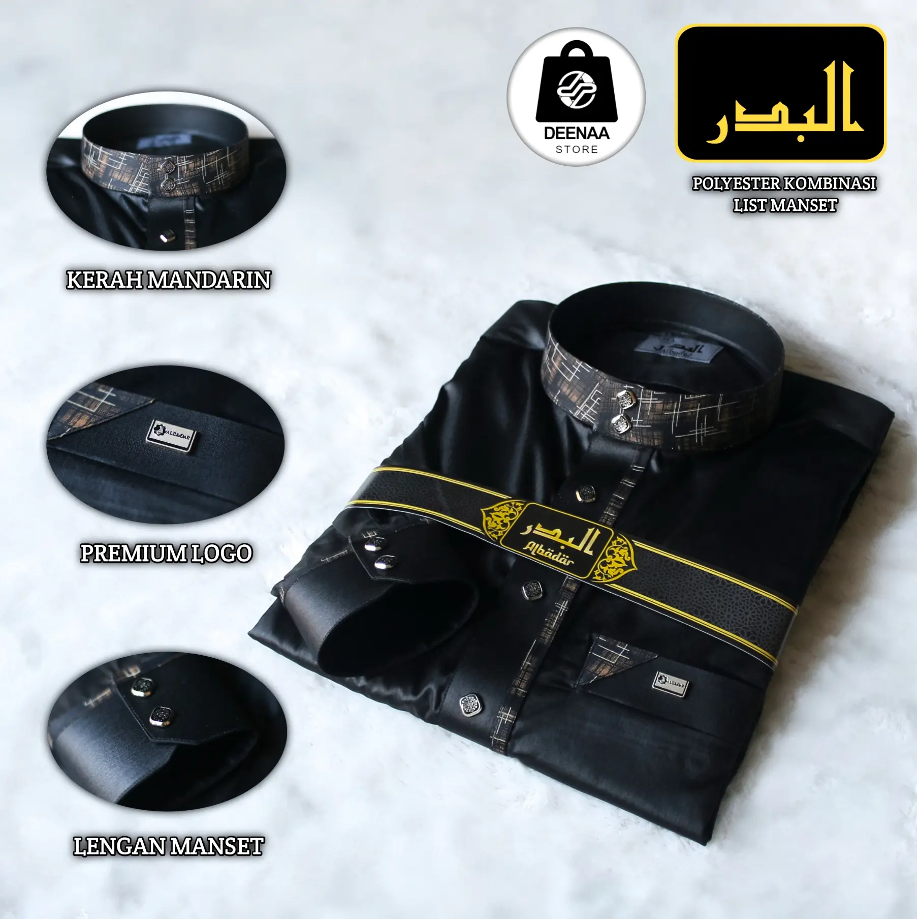 Jubah Al-Badar Polyester Kombinasi List Manset Hitam Gamis Pria Busana Muslim