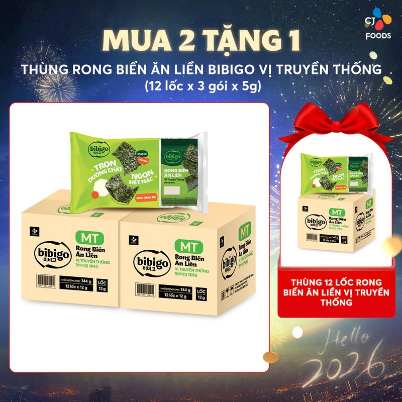 PAMYEUOI X CJ Mua 2 Thùng Tặng 1 Thùng - Thùng 12 lốc Rong biển lá kim ăn liền Hàn Quốc Bibigo vị Truyền thống 12 lốc = 36 gói - 1 Gói 4g - 1 Thùng 144g