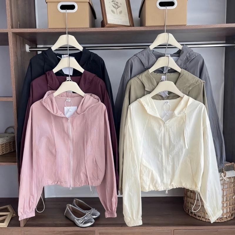 Áo Khoác Gió Nhăn 2 Lớp, Áo Khoác Nữ, Túi Ngoài Có Khóa, Có Túi Trong, Siêu Nhẹ, Chống Nước, Cản Gió, Dây Rút Điều Chỉnh
