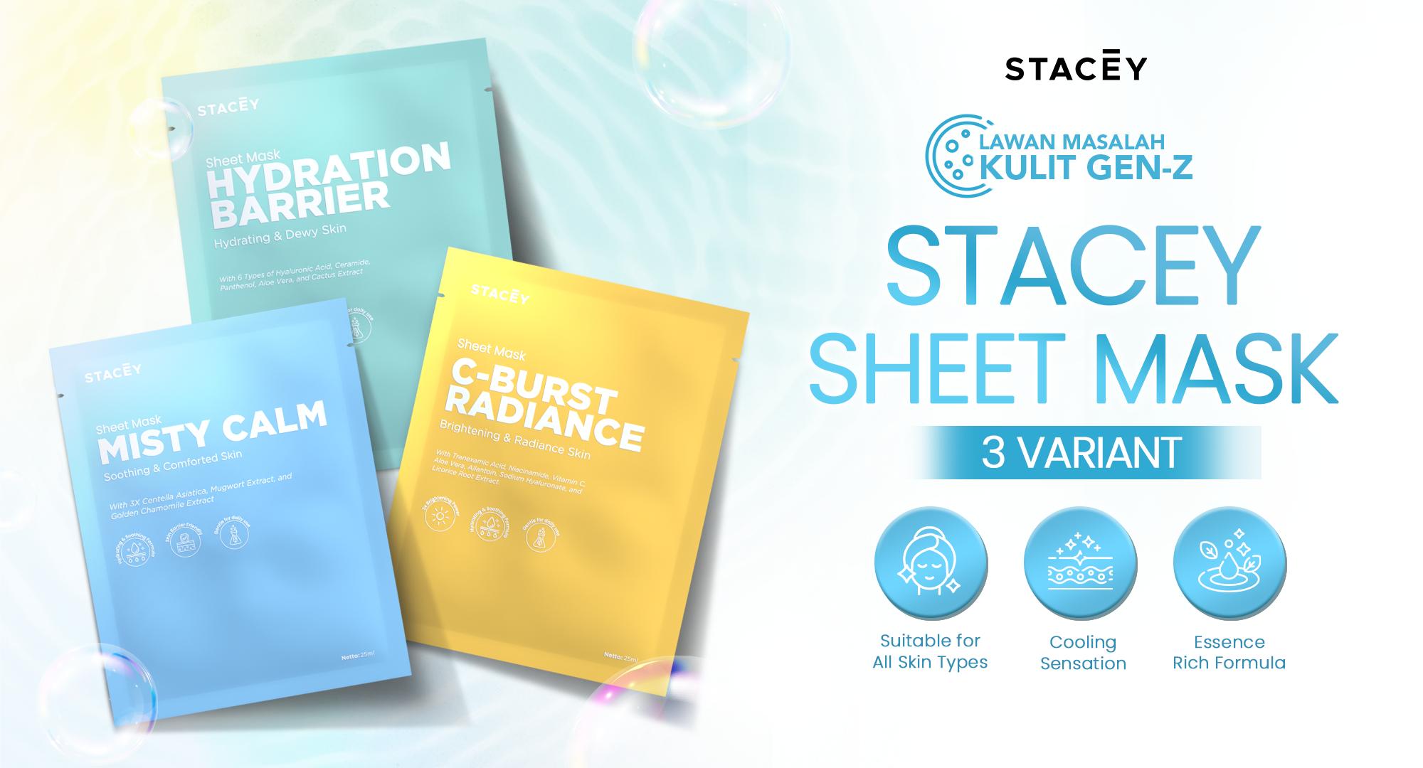 Stacey Sheet Mask Triple Care - Skincare Wajah | Brightening - Mencerahkan & Meratakan Skin Tone | Hydrating - Melembapkan & Perbaiki Skin Barrier | Calming - Soothing untuk Redness & Sensitive Skin | Cooling Sensasion | For All Skin Type