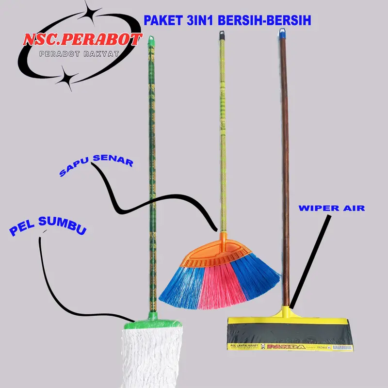 PAKET SAPU 3 IN 1 SAPU SENAR PEL & WIPER @3 ALAT BERSIH PLUS GAGANG PLASTIK serat nilon dengan gagang Lantai 3
