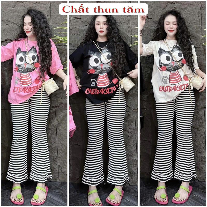 Set bộ thun loe, BỘ NỮ BigSize Hằng Moon ÁO IN HÌNH MÈO PHỐI QUẦN SỌC LOE BÈO