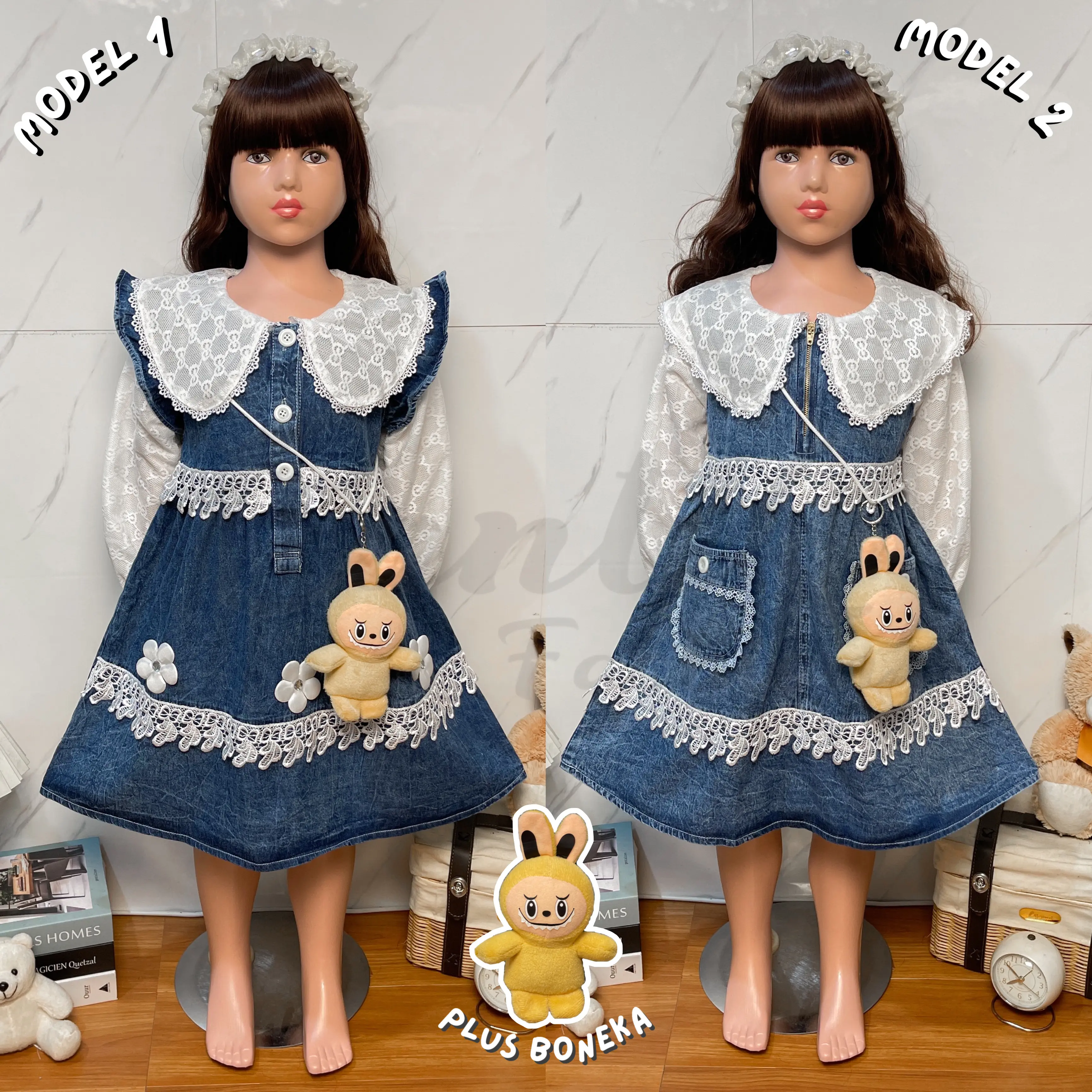 Dress midi full jeans lengan panjang mix tile anak perempuan usia 3 - 10 tahun lebaran 2025 - COD