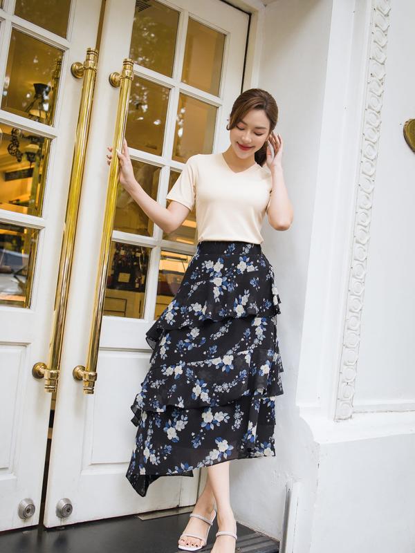  Chân váy chiffon 3 tầng CARDINA họa tiết hoa dáng bất đối xứng chất liệu voan mềm bay 3CV01 