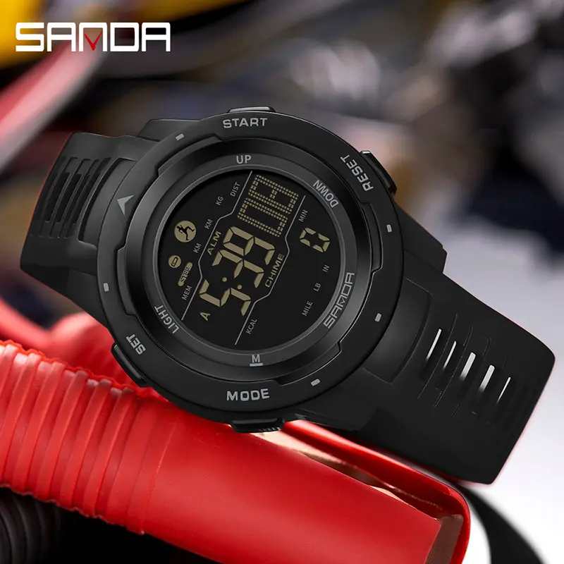 Jam Tangan Pria Digital Pedometer EL Backlight Sport Watch Shockproof Anti Air SANDA 2145 2
