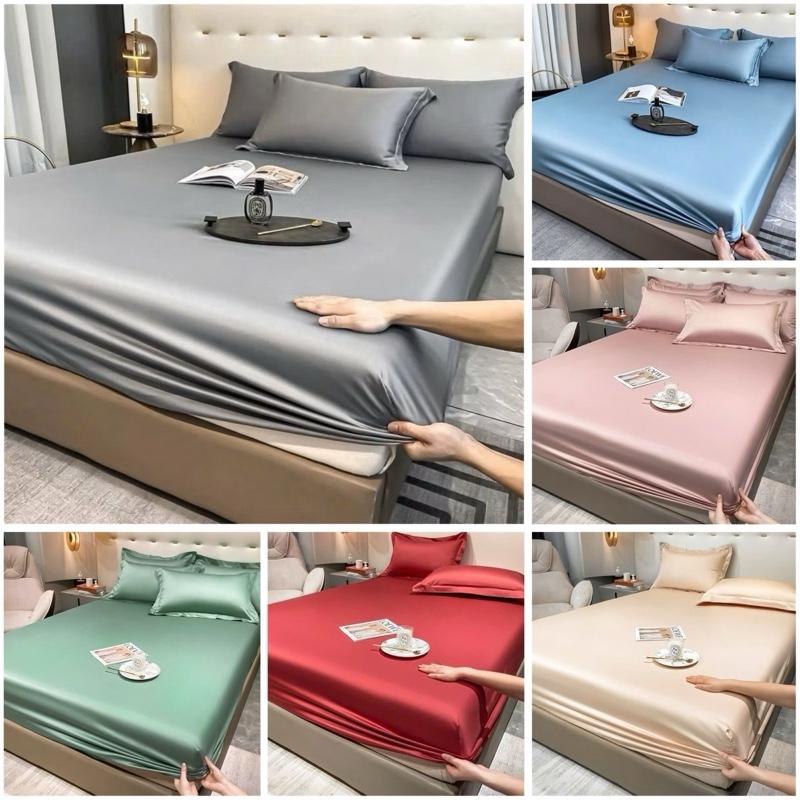 Bộ 3 Món Ga Phi Lụa Thun Lạnh Bo Chun, Lụa Mềm Mịn Thoáng Mát, Hoạ Tiết Trơn Nhiều Tông Màu Hót Hít