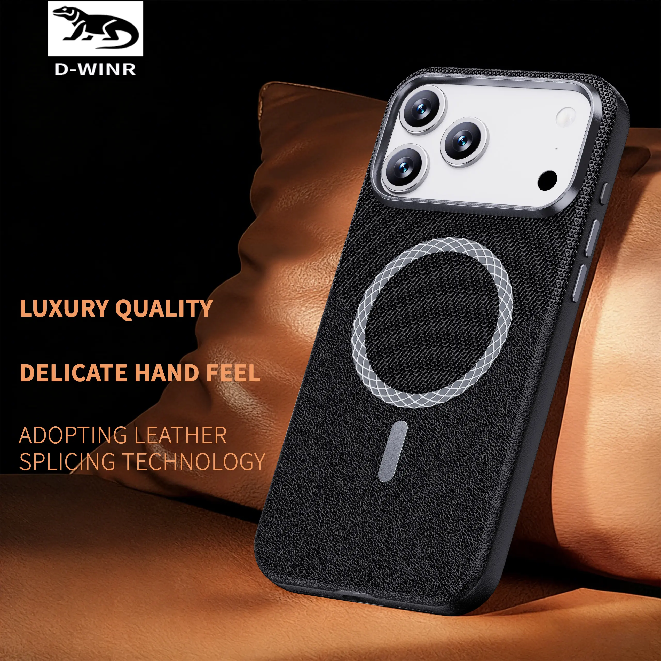 D-WINR Premium Leather Case MagSafe untuk iPhone 13-17 Pro Max Hitam Kulit Shockproof Casing Metal Cover dengan Perlindungan 360 Derajat dan Teknologi MagSafe