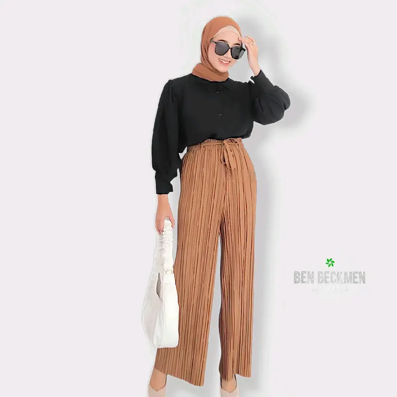 Celana Kulot Wanita Plisket Premium bahan Cosebho crepe Import anti kusut bahan Katun tebal Halus pinggang karet 7