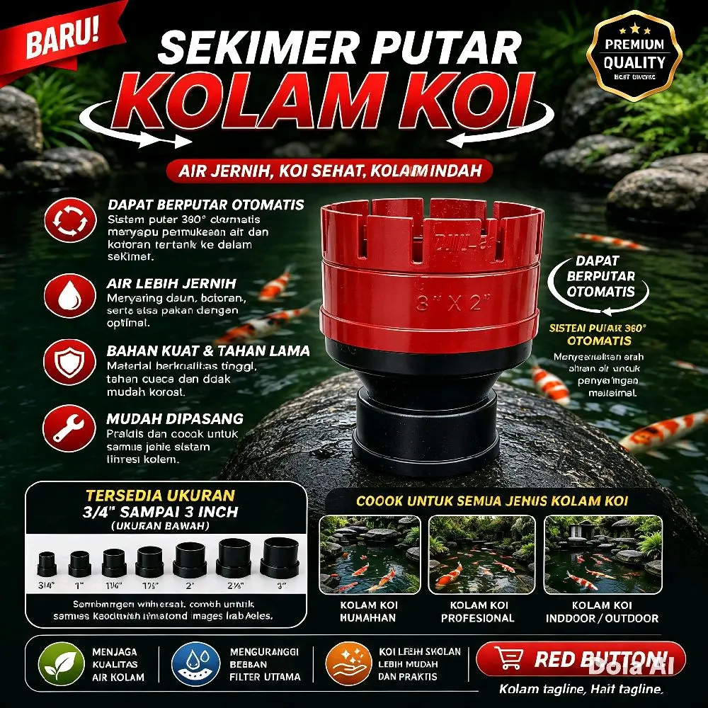 Red Button Kolam Koi/Sekimer Putar Otomatis ukuran 3/4" Sampai 3 Inch Bahan Kuat Tahan Lama Mudah Dipasang untuk Semua Jenis Kolam Koi
